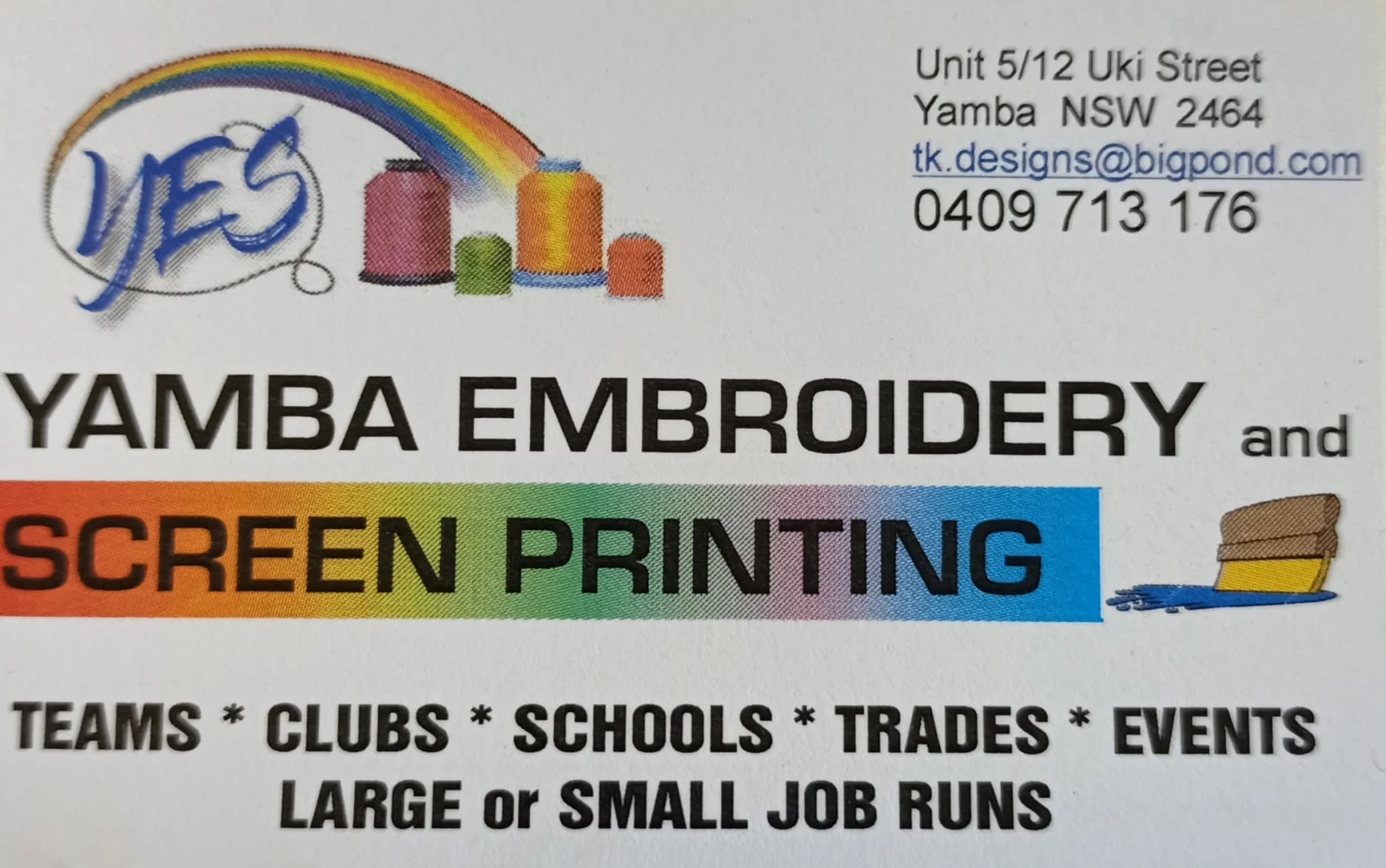 Yamba Embroidery and Screen Printing business card